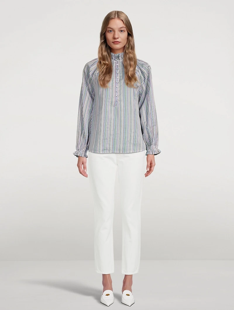 Aurelia Cotton Silk Dobby Ruffle Collar Shirt Striped Print