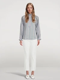 Aurelia Cotton Silk Dobby Ruffle Collar Shirt Striped Print