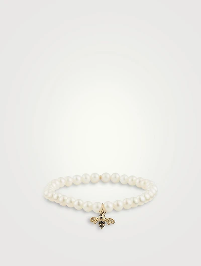 Pearl Bracelet With Small 14K Gold Diamond Bee Charm