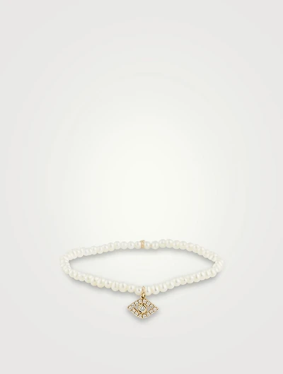Pearl Bracelet With Large 14K Gold Diamond Evil Eye Charm