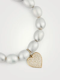 Pearl Bracelet With Large 14K Gold Pavé Diamond Heart Charm
