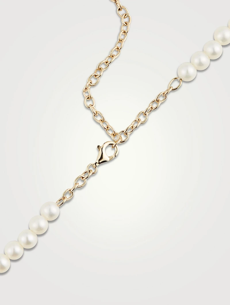 Pearl Necklace With Tiny 14K Gold Diamond Bee Charm