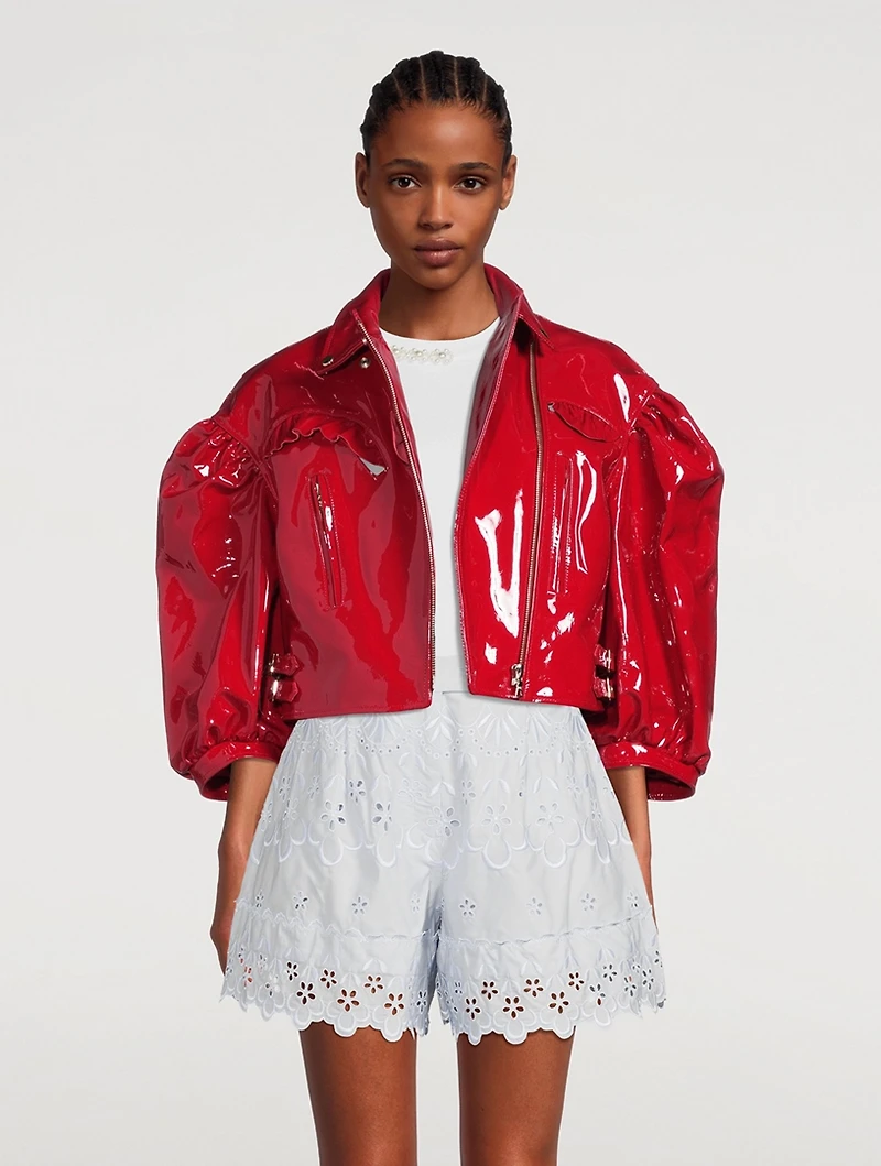 Cropped Patent Leather Biker Jacket with Frill Detail
