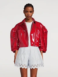 Cropped Patent Leather Biker Jacket with Frill Detail