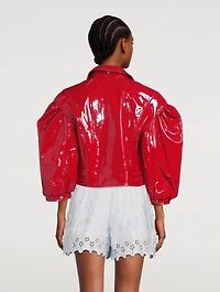 Cropped Patent Leather Biker Jacket with Frill Detail