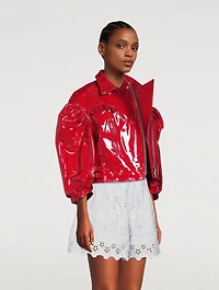 Cropped Patent Leather Biker Jacket with Frill Detail