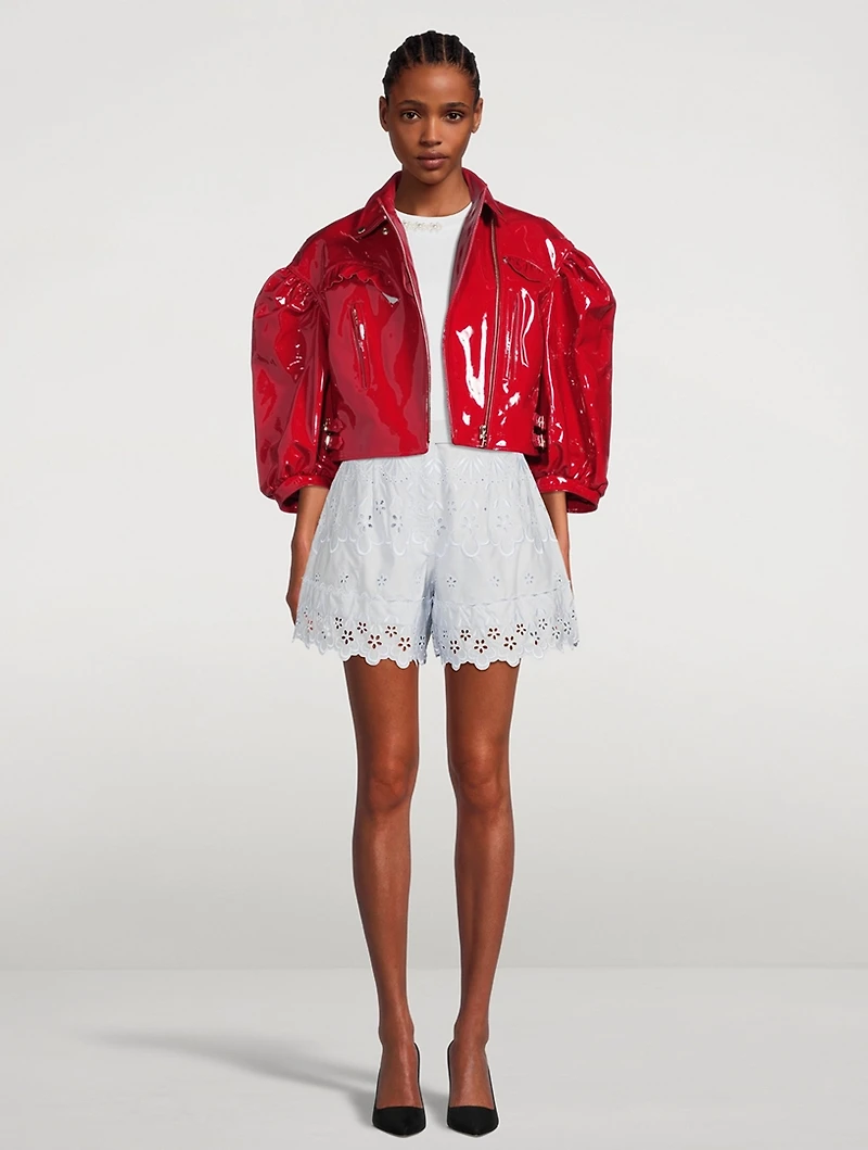 Cropped Patent Leather Biker Jacket with Frill Detail
