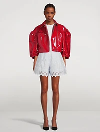 Cropped Patent Leather Biker Jacket with Frill Detail