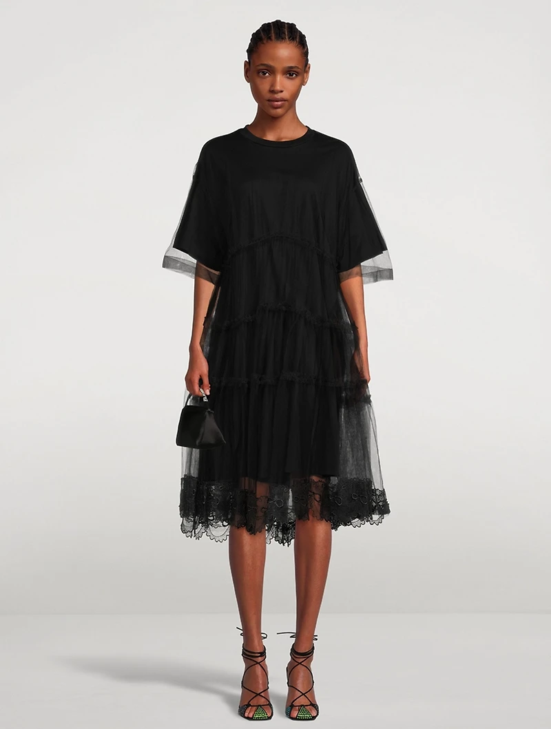 Embellished T-Shirt Dress With Tulle Overlay