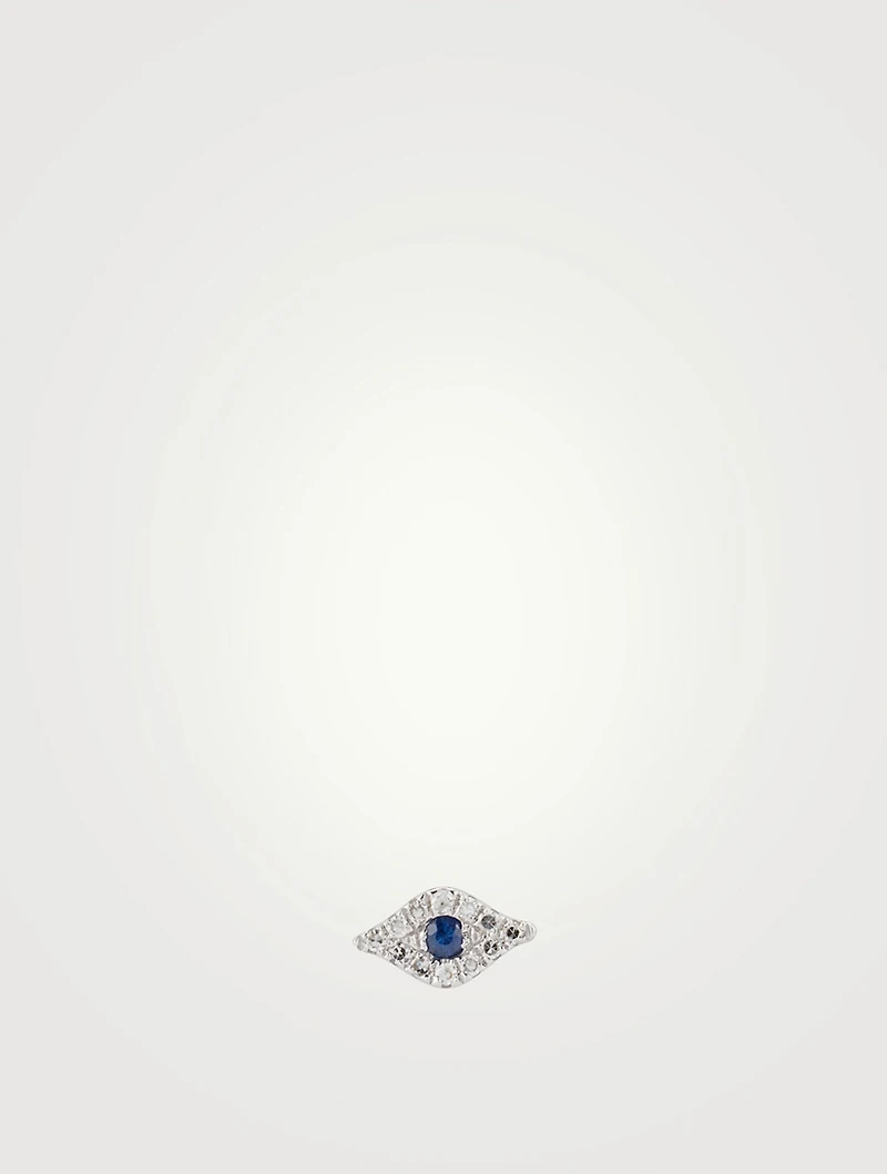 Mini 14K White Gold Evil Eye Stud Earring With Blue Sapphire And Diamonds
