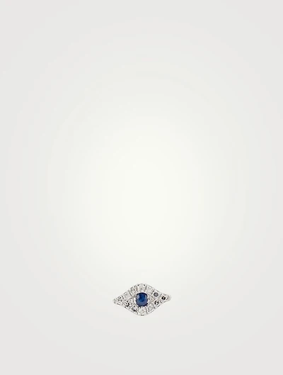 Mini 14K White Gold Evil Eye Stud Earring With Blue Sapphire And Diamonds