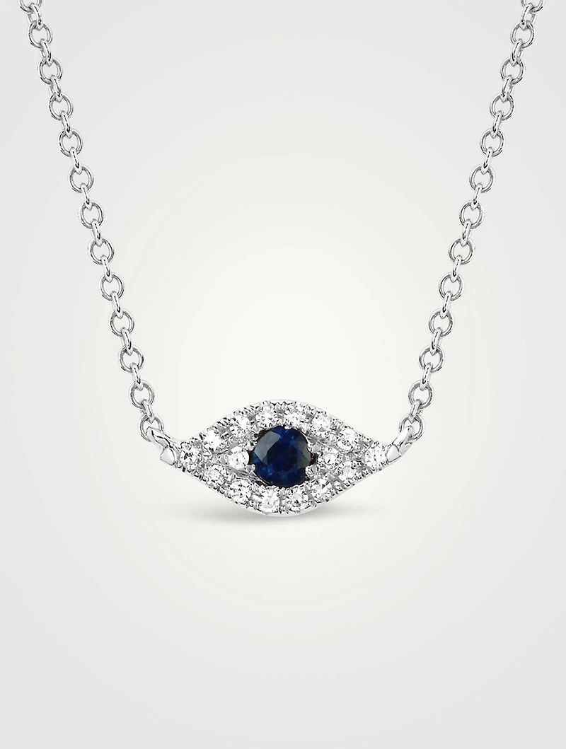 14K White Gold Evil Eye Choker Necklace With Diamonds And Sapphire