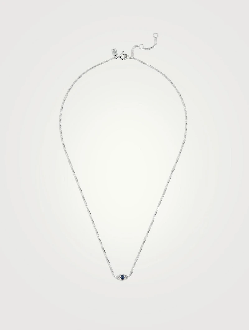14K White Gold Evil Eye Choker Necklace With Diamonds And Sapphire