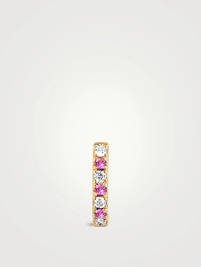 Mini 14K Rose Gold Dot Huggie Hoop Earring With Pink Sapphire And Diamonds