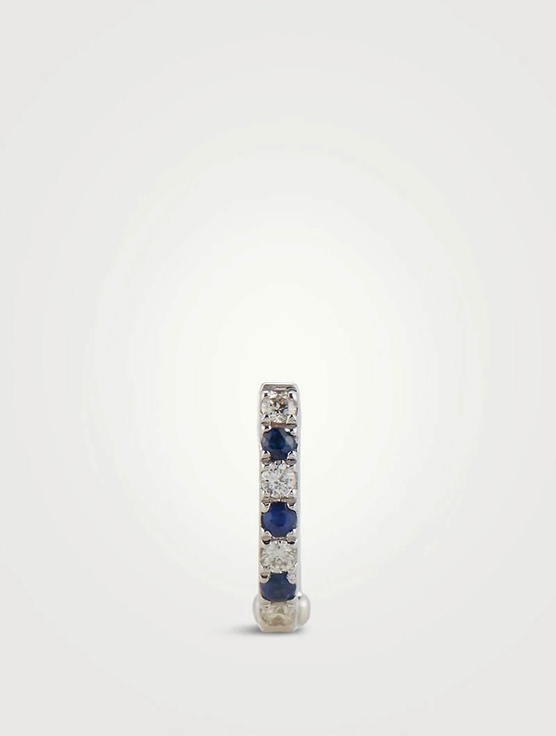 Mini 14K White Gold Dot Huggie Hoop Earring With Blue Sapphire And Diamonds