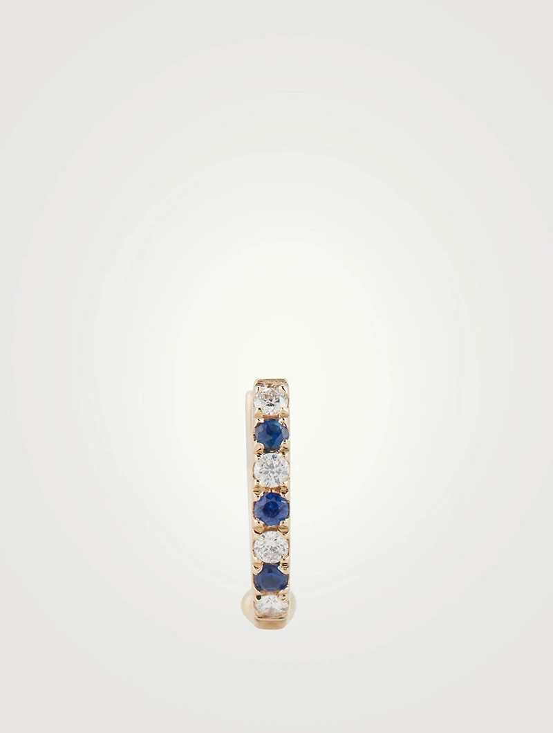 Mini 14K Gold Dot Huggie Hoop Earring With Blue Sapphire And Diamonds