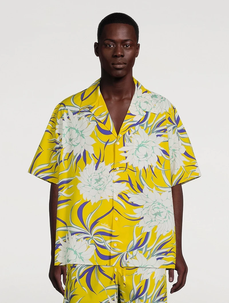 Cotton Poplin Bowling Shirt Street Flowers Print