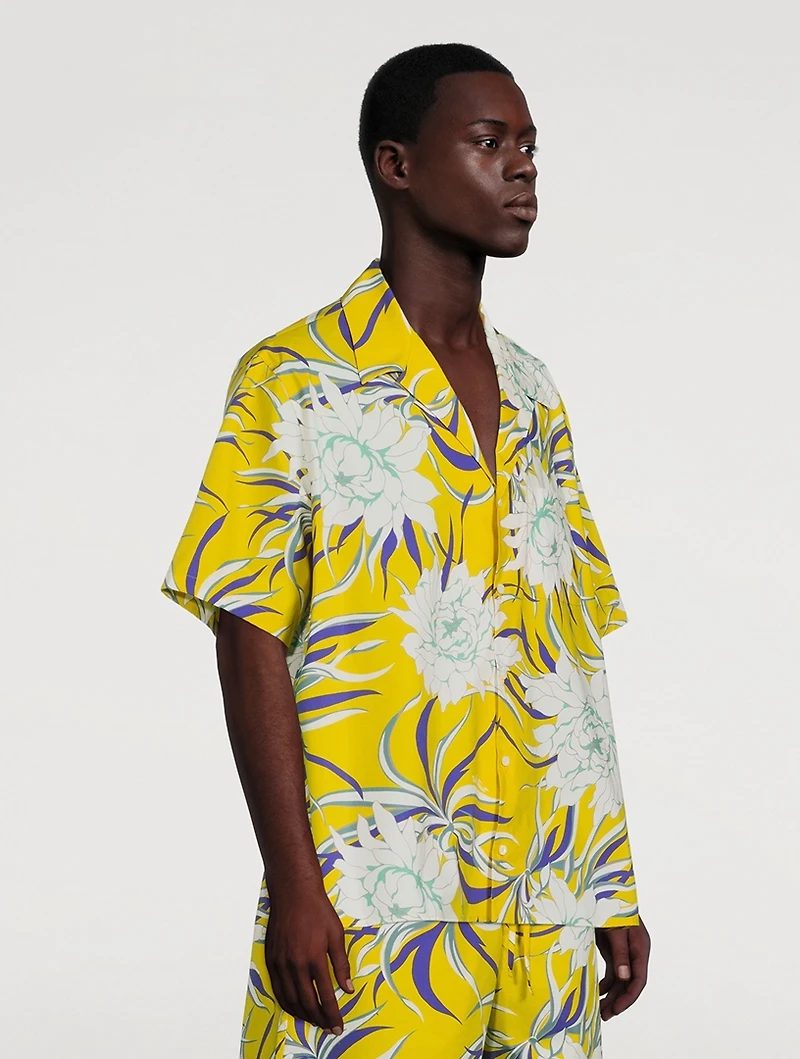 Cotton Poplin Bowling Shirt Street Flowers Print