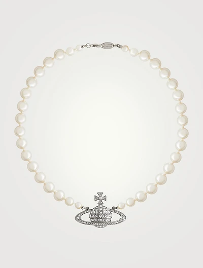 Bas Relief Faux Pearl Necklace With Crystals