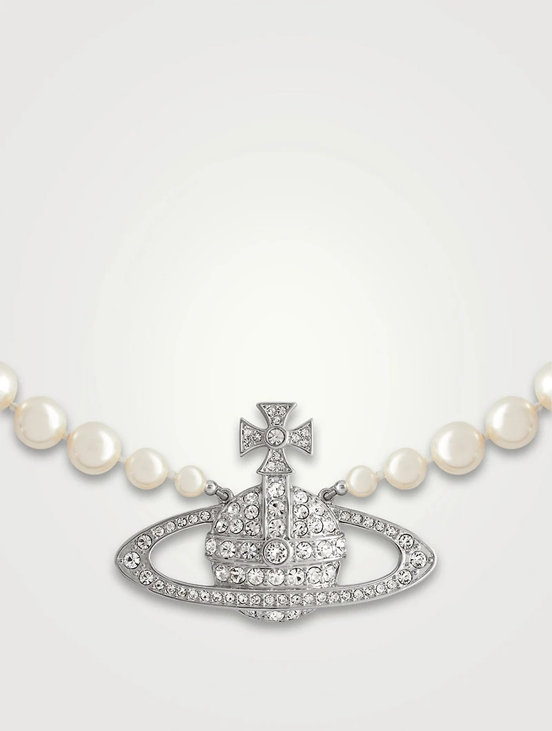 Bas Relief Faux Pearl Necklace With Crystals