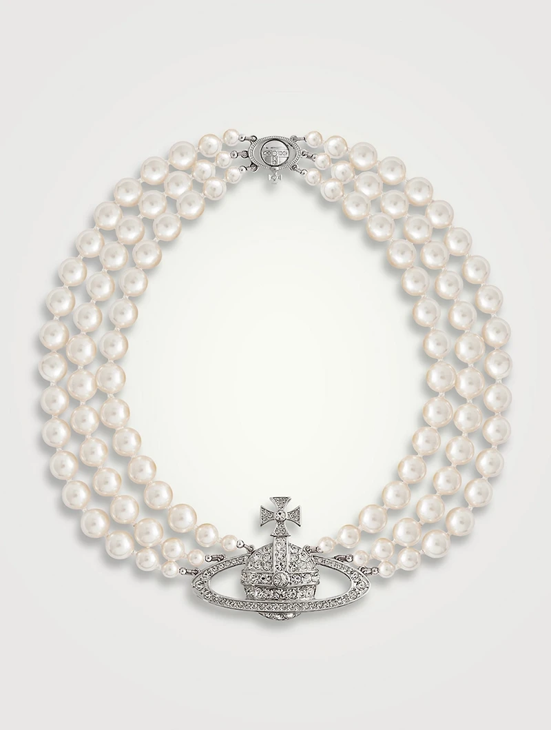 Three Row Swarovski Pearl Bas Relief Choker Necklace