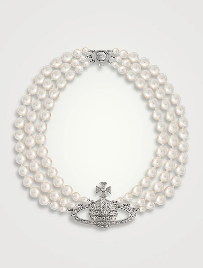 Three Row Swarovski Pearl Bas Relief Choker Necklace