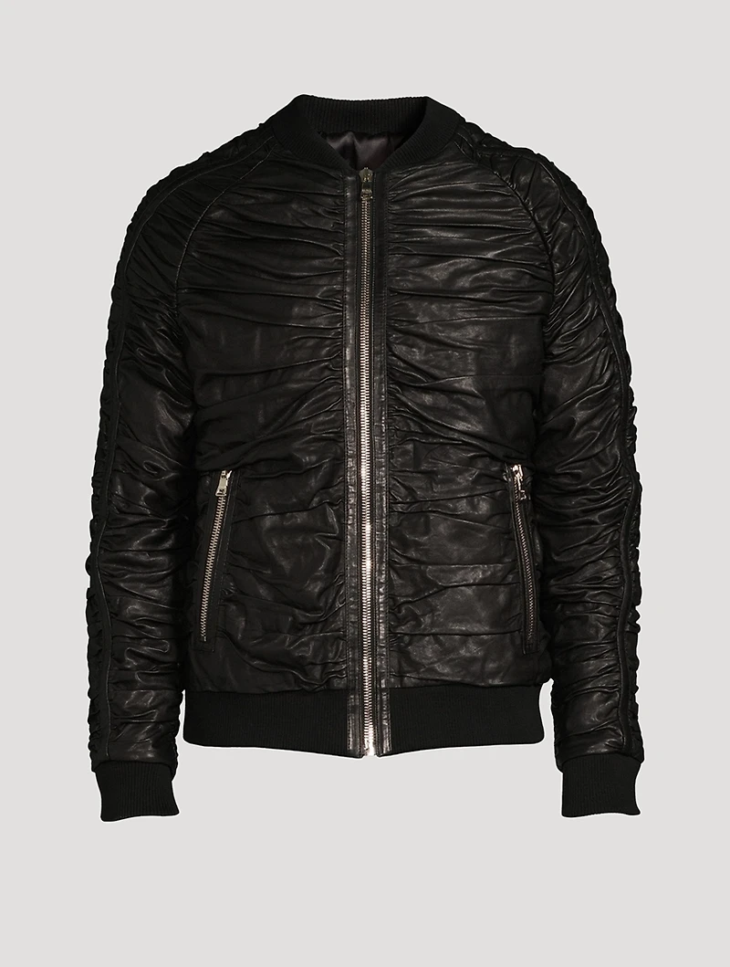 Pleated Leather Bomber Jacket