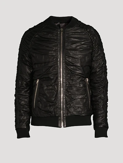 Pleated Leather Bomber Jacket