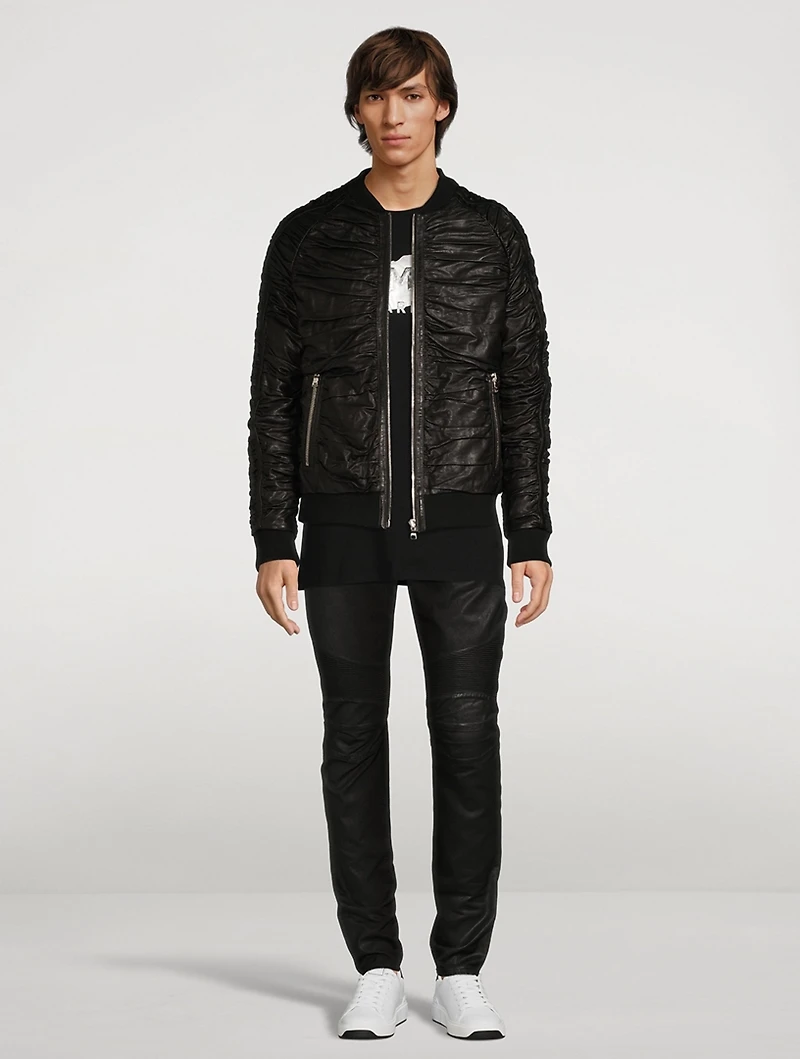 Pleated Leather Bomber Jacket