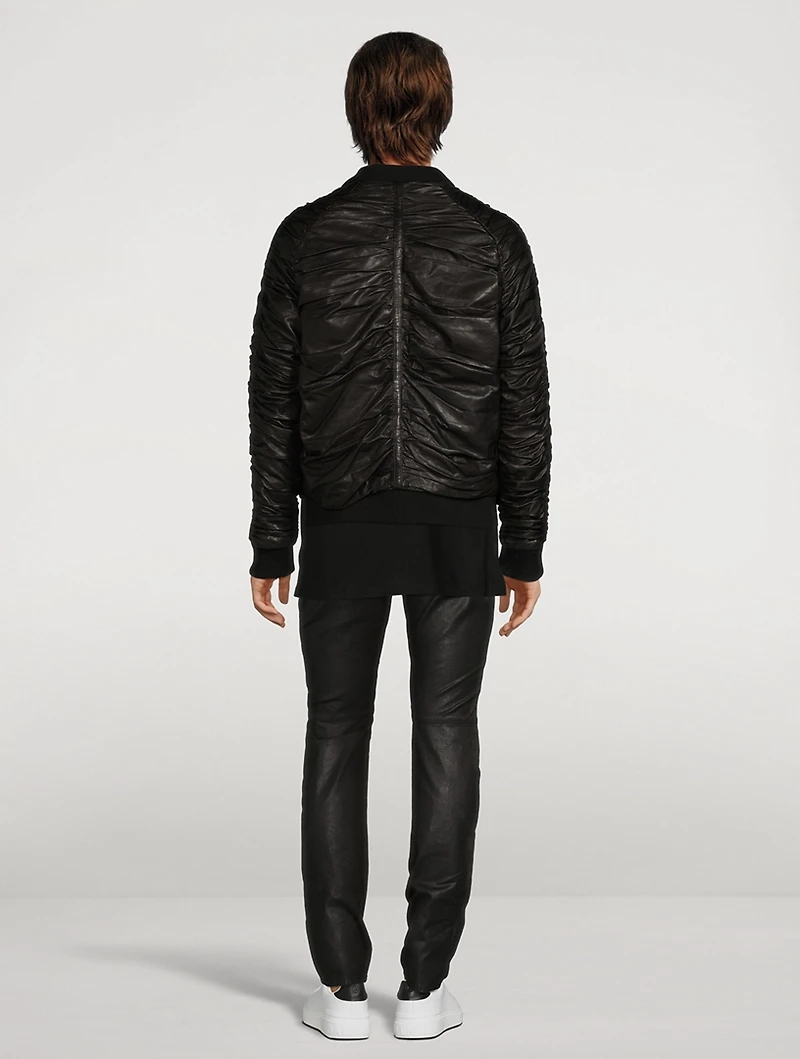 Pleated Leather Bomber Jacket