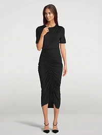 Ruched Midi Dress In Pin Dot Print