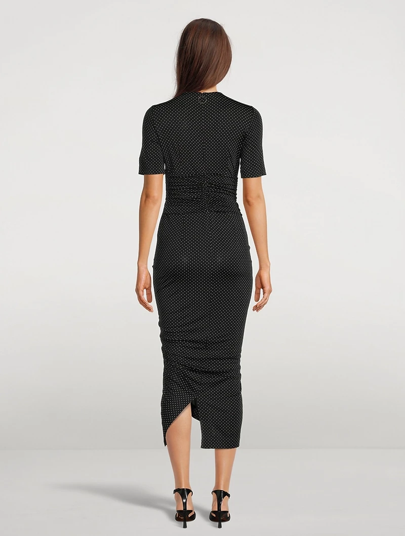 Ruched Midi Dress In Pin Dot Print