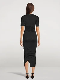 Ruched Midi Dress In Pin Dot Print