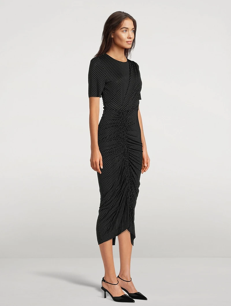 Ruched Midi Dress In Pin Dot Print
