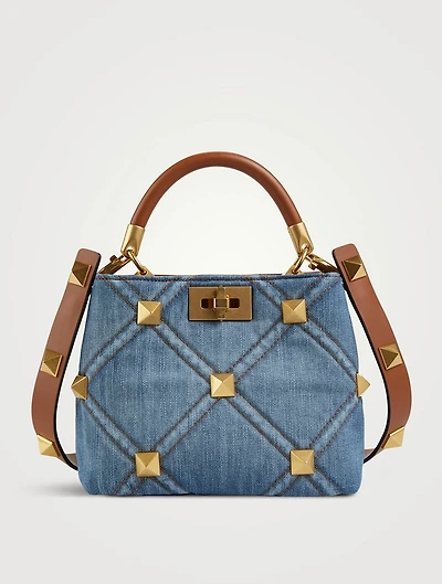 Small Roman Stud Denim Top Handle Bag