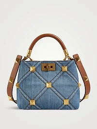 Small Roman Stud Denim Top Handle Bag