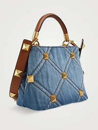 Small Roman Stud Denim Top Handle Bag