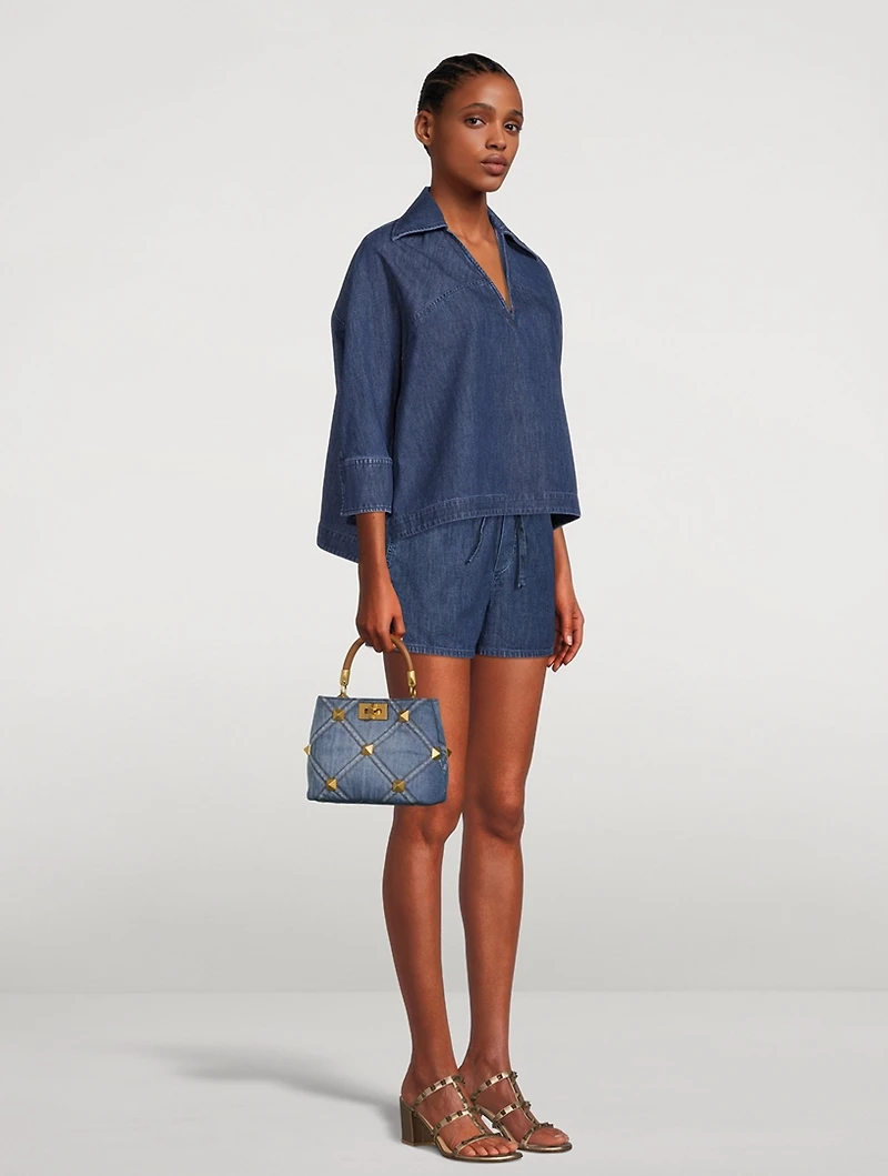 Small Roman Stud Denim Top Handle Bag