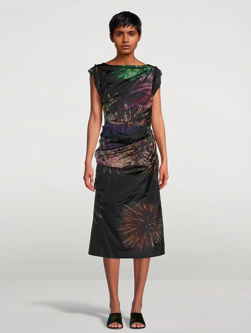 De Ruched Satin Dress Firework Print