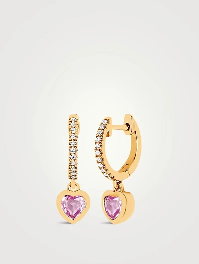 Mini 14K Gold Heart Drop Huggie Hoop Earrings With Pink Sapphire And Diamonds