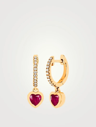 Mini 14K Gold Heart Drop Huggie Hoop Earrings With Ruby And Diamonds