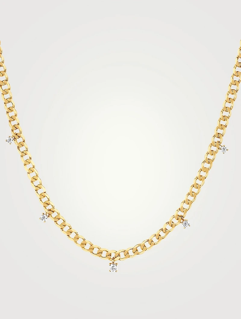 14K Gold Five Diamond Curb Chain Necklace