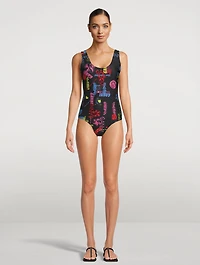 Twisted Strap One-Piece Swimsuit Graffiti Print
