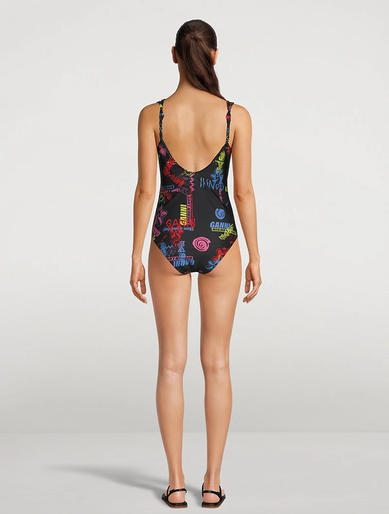 Twisted Strap One-Piece Swimsuit Graffiti Print