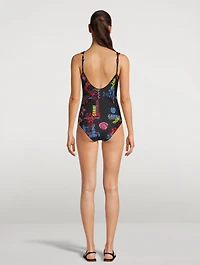 Twisted Strap One-Piece Swimsuit Graffiti Print