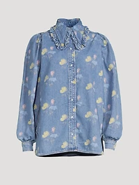 Puff-Sleeve Denim Shirt Floral Print