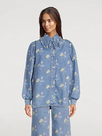 Puff-Sleeve Denim Shirt Floral Print