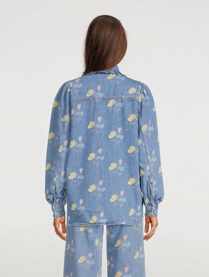 Puff-Sleeve Denim Shirt Floral Print