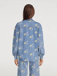 Puff-Sleeve Denim Shirt Floral Print