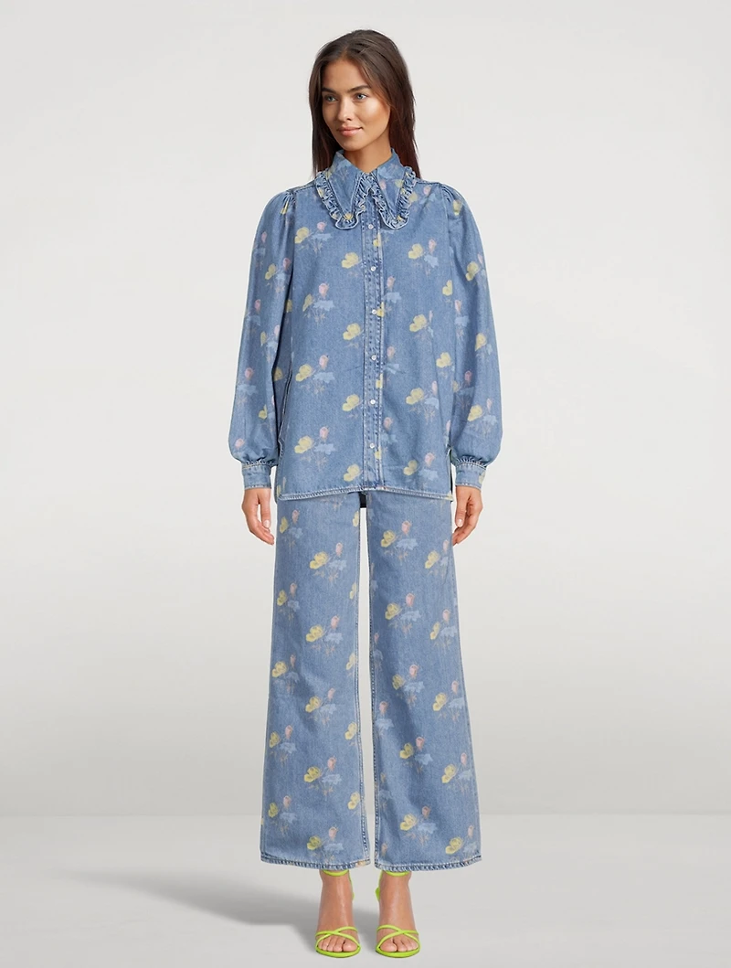 Puff-Sleeve Denim Shirt Floral Print